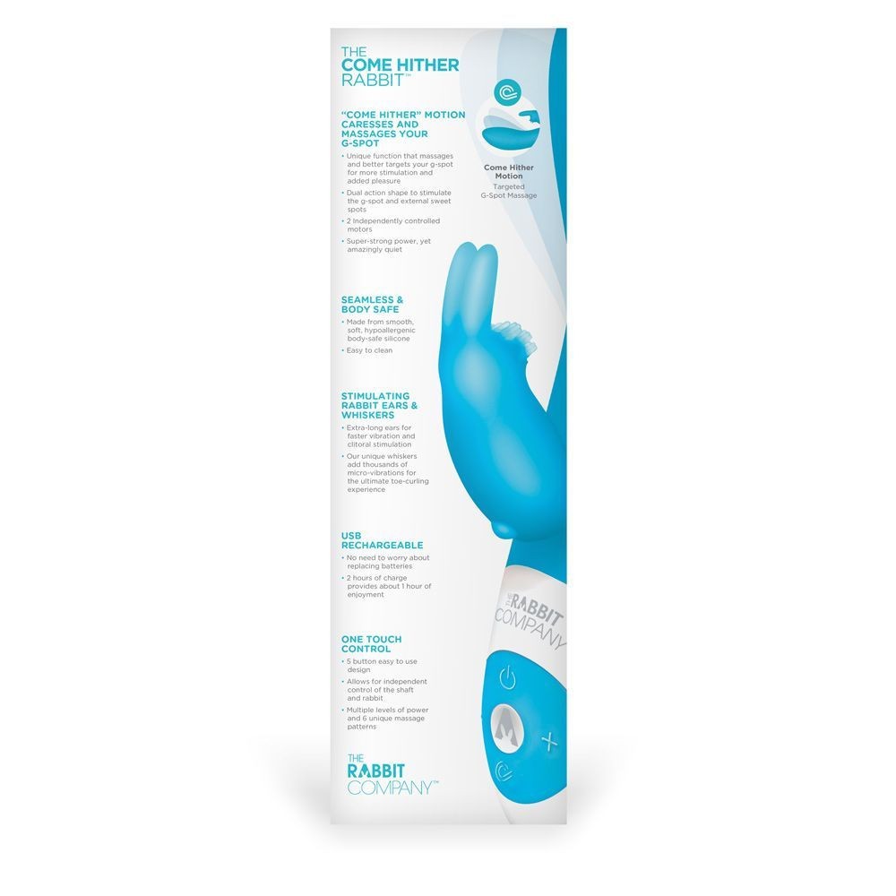 Product packaging for a blue rabbit-shaped massager with text on a white background