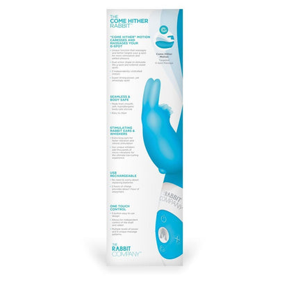 Product packaging for a blue rabbit-shaped massager with text on a white background