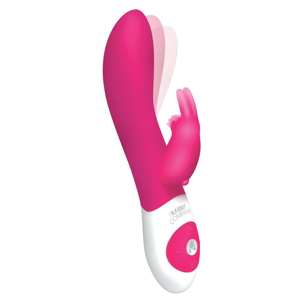 Pink and white sex toy with a rabbit design on a white background