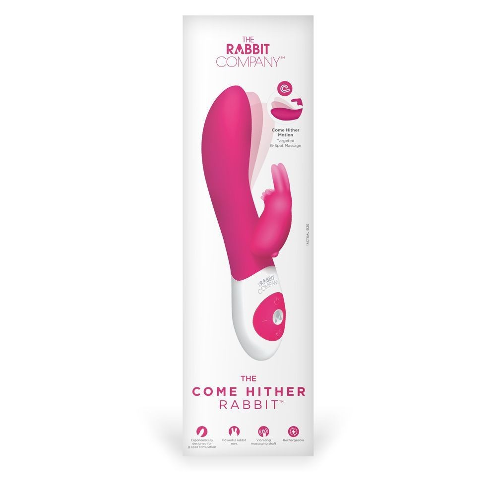 Pink and white 'Come Hither Rabbit' product packaging from The Rabbit Company on a white background.