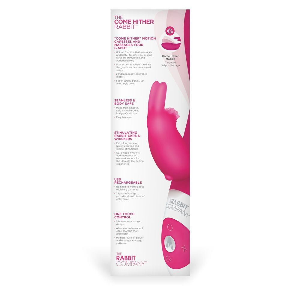 Product packaging for a pink rabbit-shaped massager with text on a white background