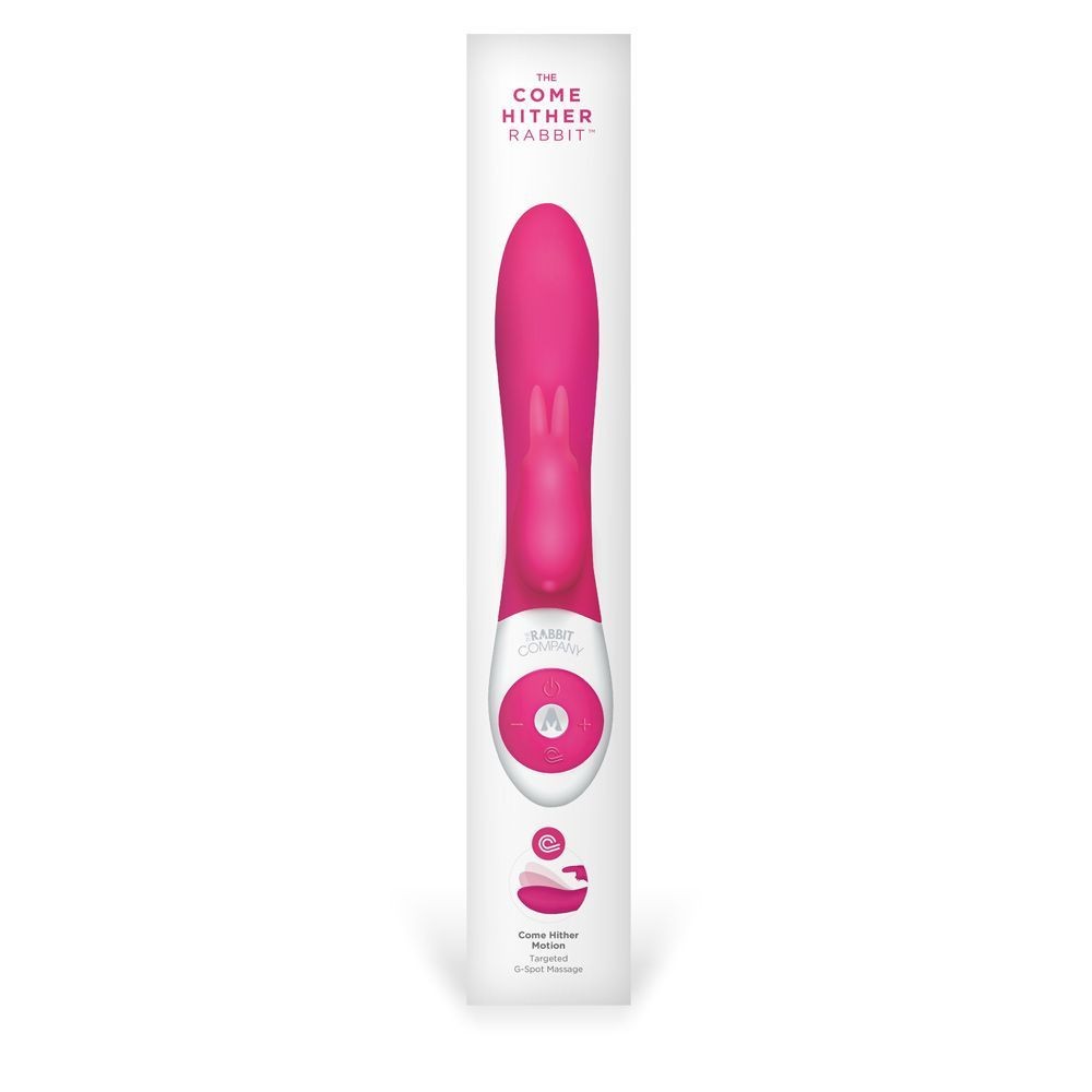 Pink rabbit-shaped toy in packaging with 'Come Hither' branding on a white background