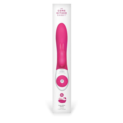 Pink rabbit-shaped toy in packaging with 'Come Hither' branding on a white background