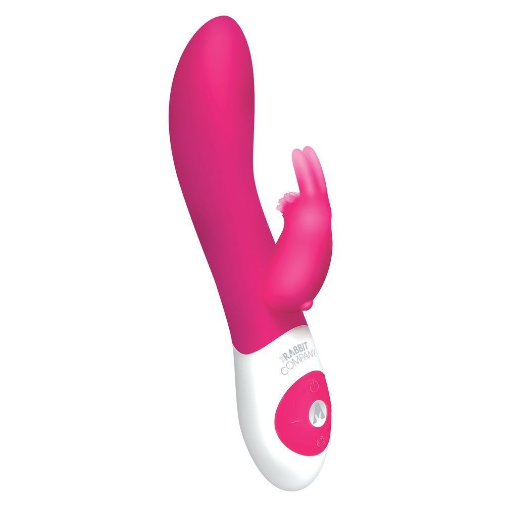 Pink and white sex toy with a visible brand logo on a white background
