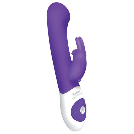 Purple and white sex toy with a brand logo on a white background
