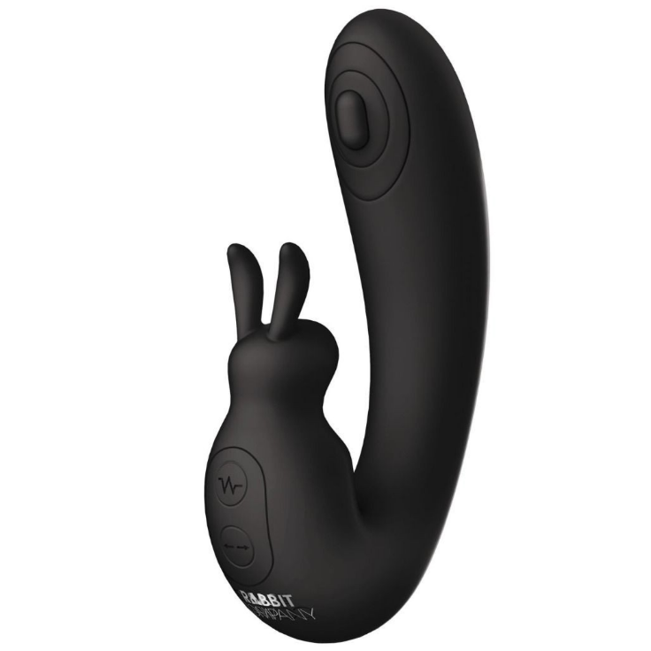 Black rabbit-shaped sex toy with buttons on a white background