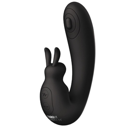 Black rabbit-shaped sex toy with buttons on a white background