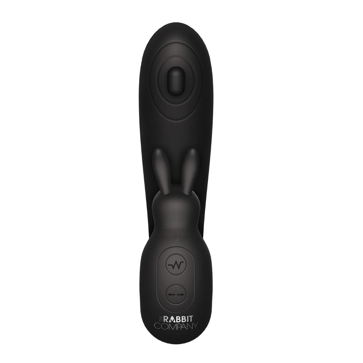 Black rabbit-shaped toy with control buttons on a white background, branded 'Rabbit Company'.
