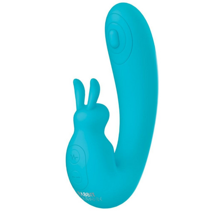 Turquoise rabbit-shaped sex toy on a white background