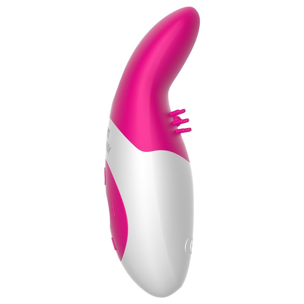 Pink and white electronic clitoral massage device on a white background