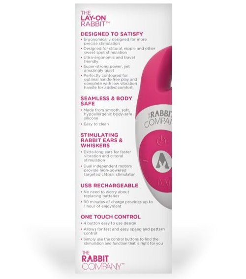 Product packaging for 'The Lay-On Rabbit' by The Rabbit Company with text detailing features on a white background.