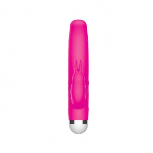 Pink electronic rabbit vibrator with a silver base on a white background