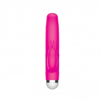 Pink electronic rabbit vibrator with a silver base on a white background