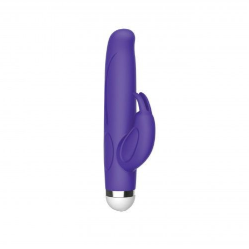 Purple electronic rabbit massager with a silver base on a white background