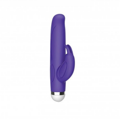 Purple electronic rabbit massager with a silver base on a white background