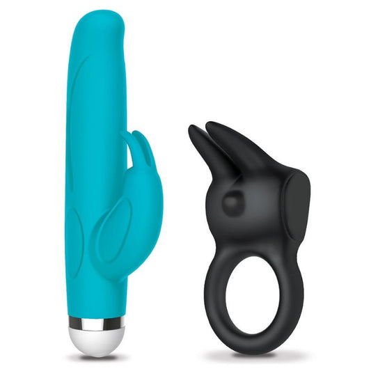 Turquoise and black handheld electronic sex toys on a white background