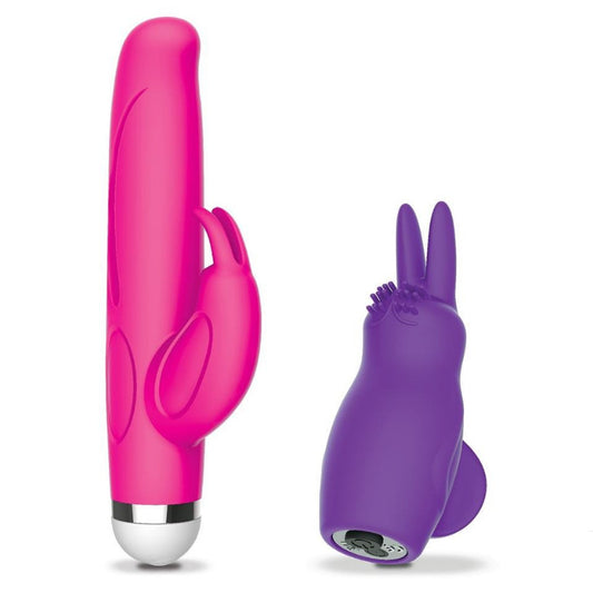 Pink and purple sex toy with a rabbit design on a white background