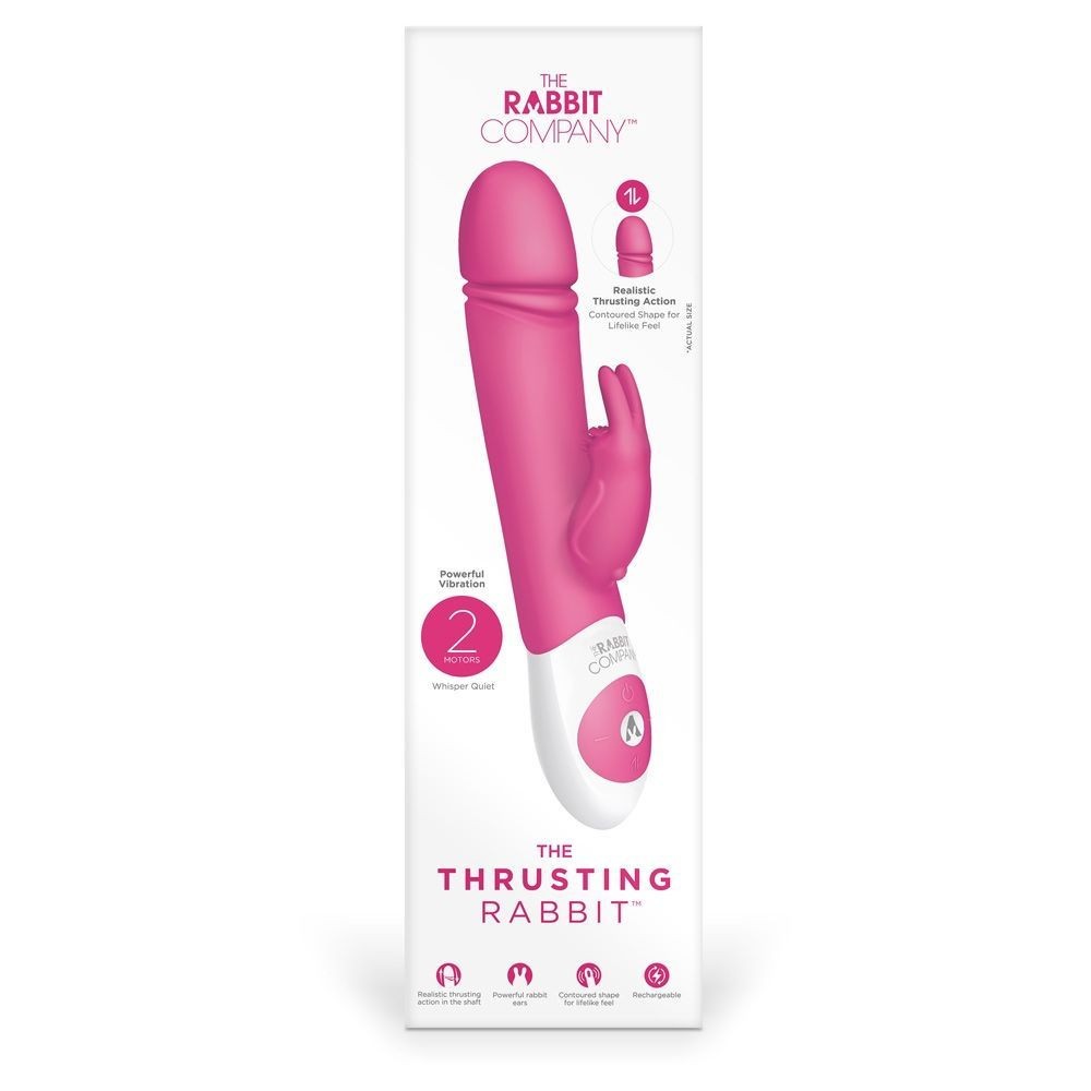 Pink and white 'Thrusting Rabbit' product packaging by The Rabbit Company on a white background.