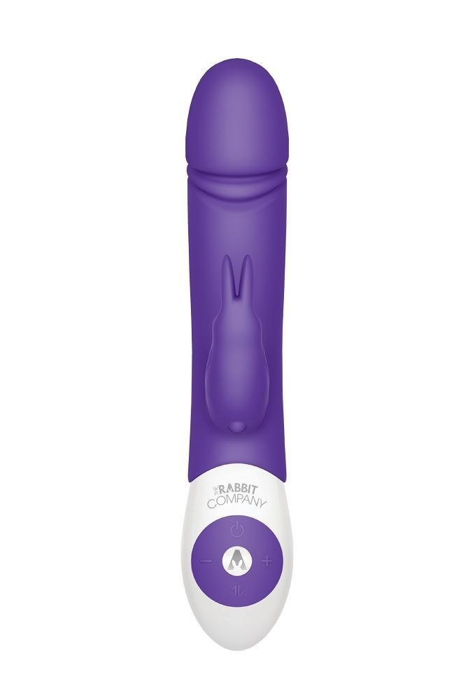 Purple and white electronic vibrator with 'Rabbit Company' branding on a white background