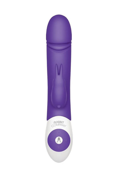 Purple and white electronic vibrator with 'Rabbit Company' branding on a white background