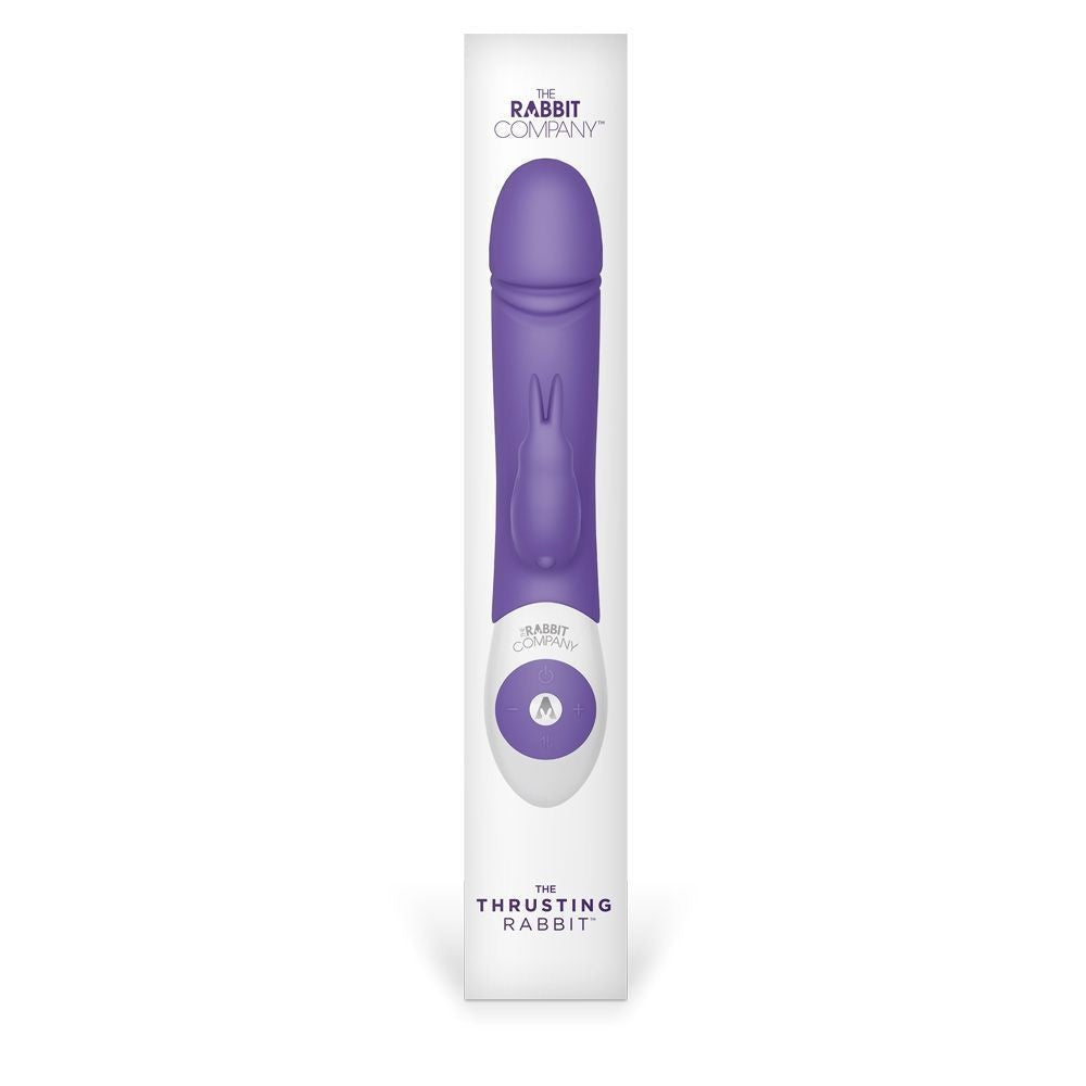 Purple sex toy with packaging labeled 'The Rabbit Company' on a white background