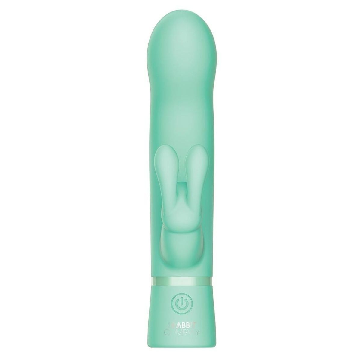 Turquoise rabbit-shaped sex toy with a power indicator on a white background