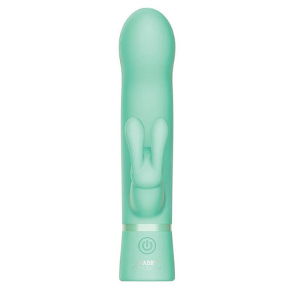 Turquoise rabbit-shaped sex toy with a power indicator on a white background