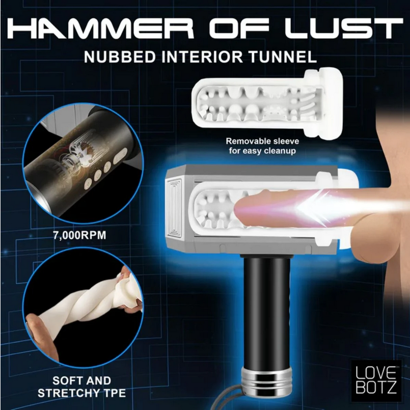 Product advertisement for 'Hammer of Lust' with detailed features on a dark background.