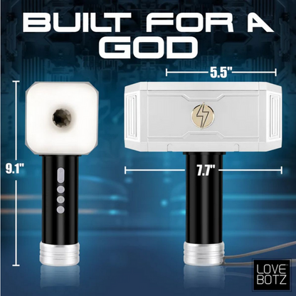 Two toy hammer-like devices with measurements and 'Love Botz' branding on a blue background.