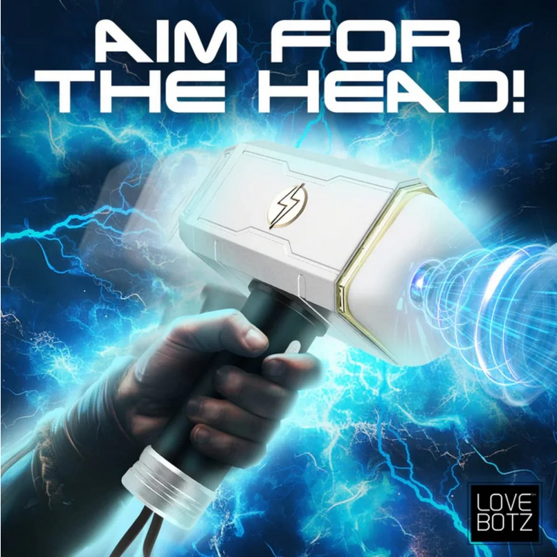 Hand holding a futuristic hammer with blue energy effects and 'Aim for the Head!' text.