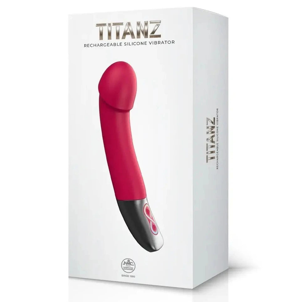 Red silicone vibrator with black base on Titanz packaging against a white background