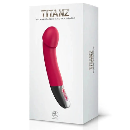 Red silicone vibrator with black base on Titanz packaging against a white background