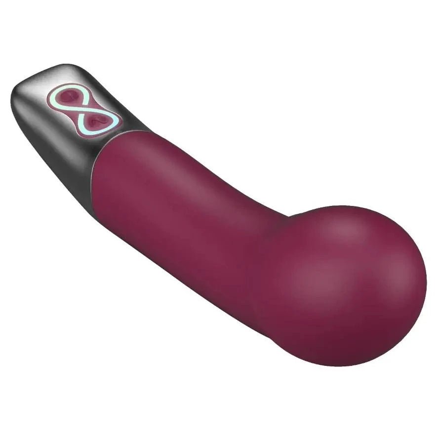 Maroon handheld massager with a logo on a white background