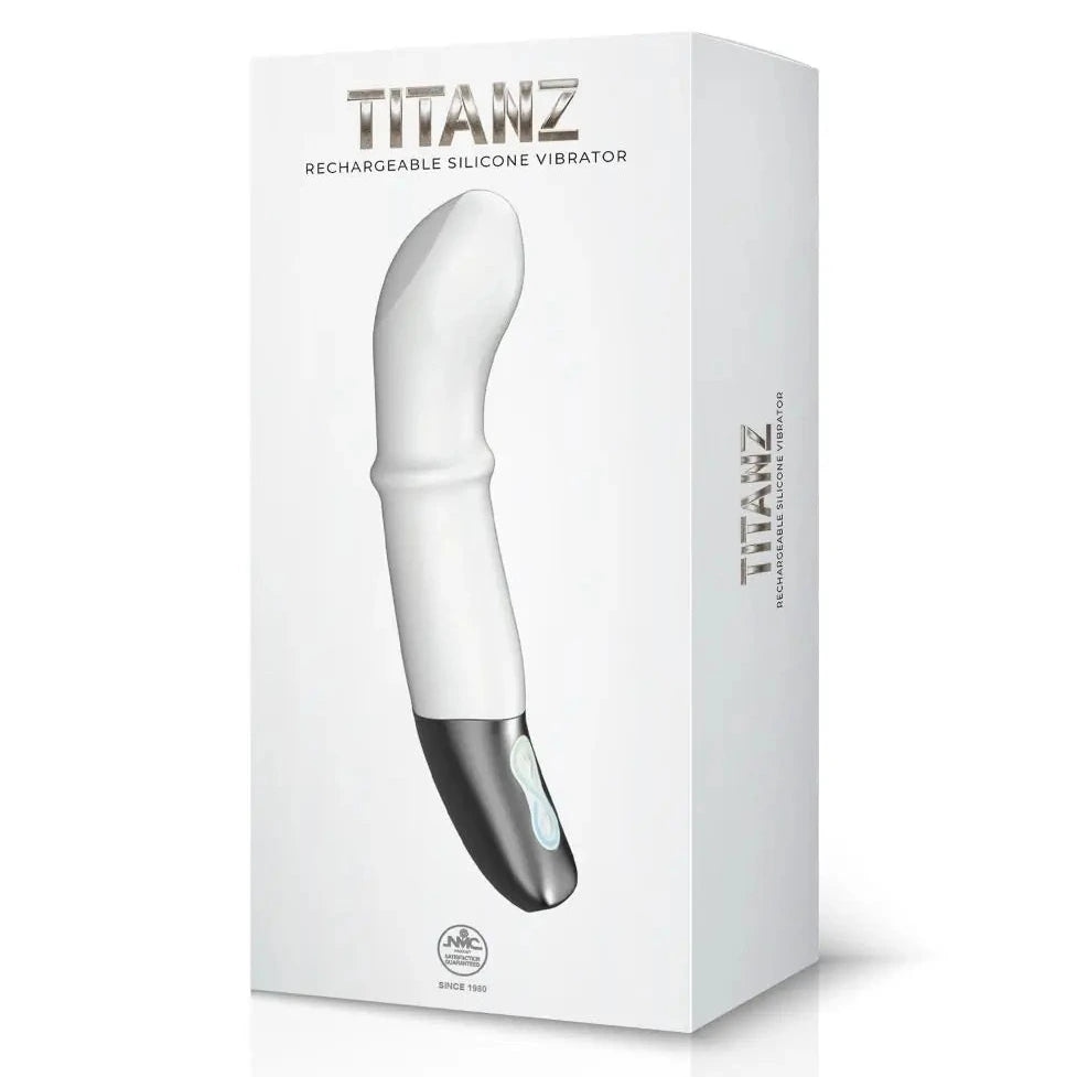 Titanz rechargeable silicone vibrator packaging on a white background