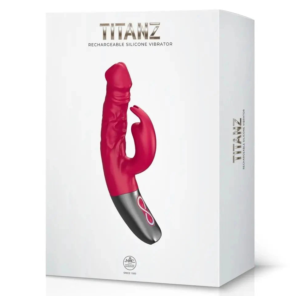 Red silicone vibrator with black base on Titanz packaging