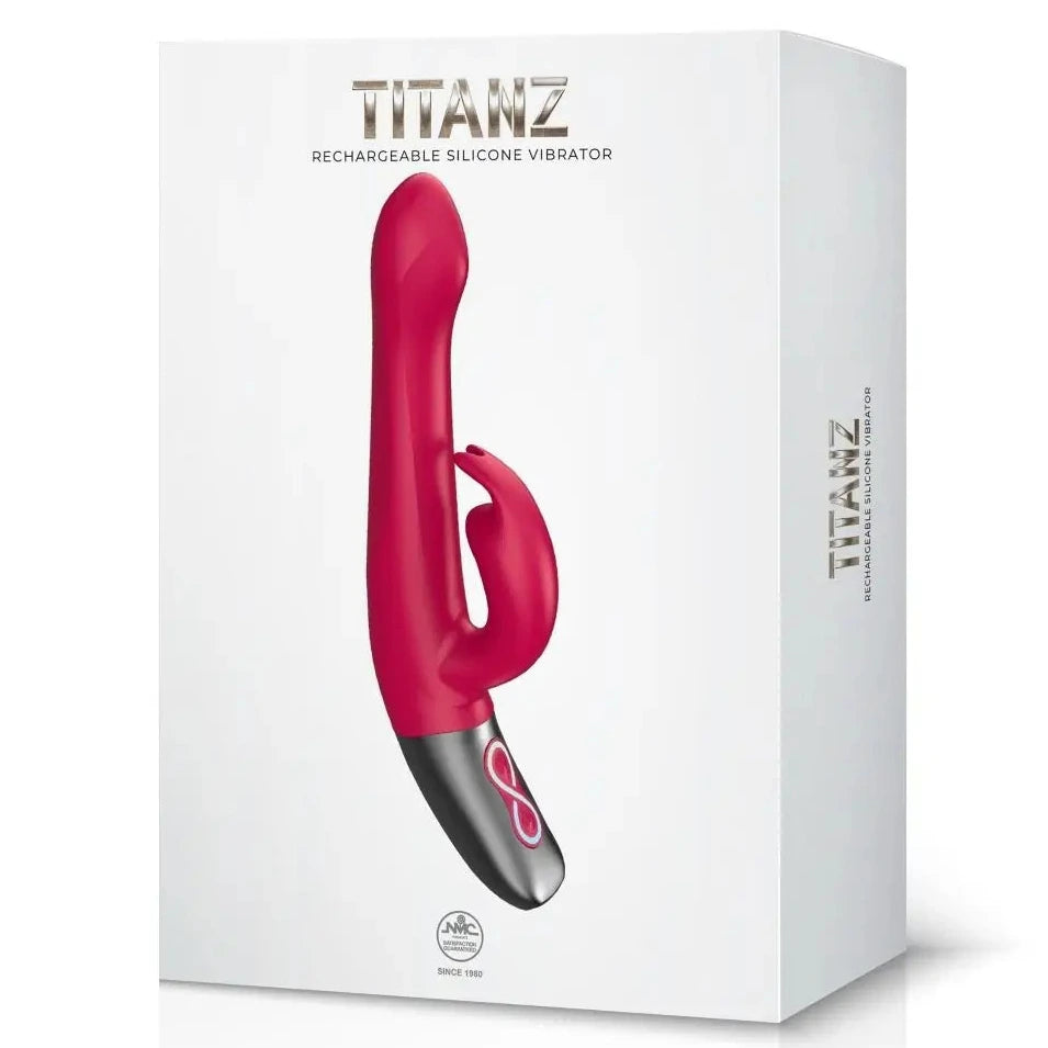 Red and silver Titanz silicone vibrator on a white box with brand name.
