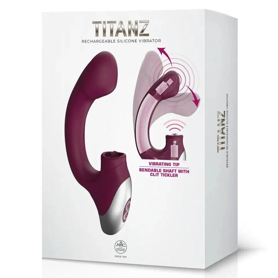 Box of a TITANZ rechargeable silicone vibrator on a white background