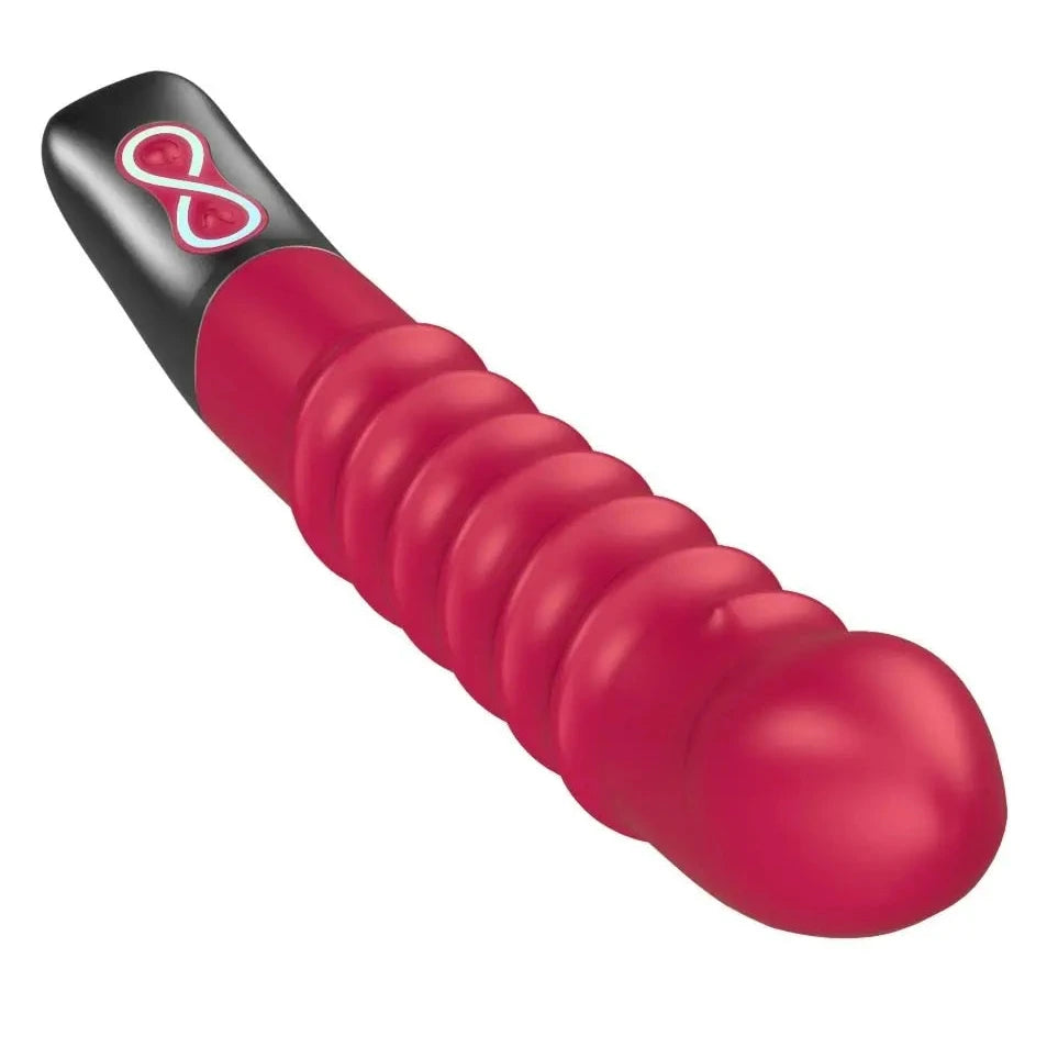 Titanz Spiral 6 Inch Silicone Vibrator USB Rechargeable Pink Ribbed Dildo Massager on a white backround