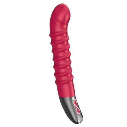 Red and silver cylindrical object on a white background