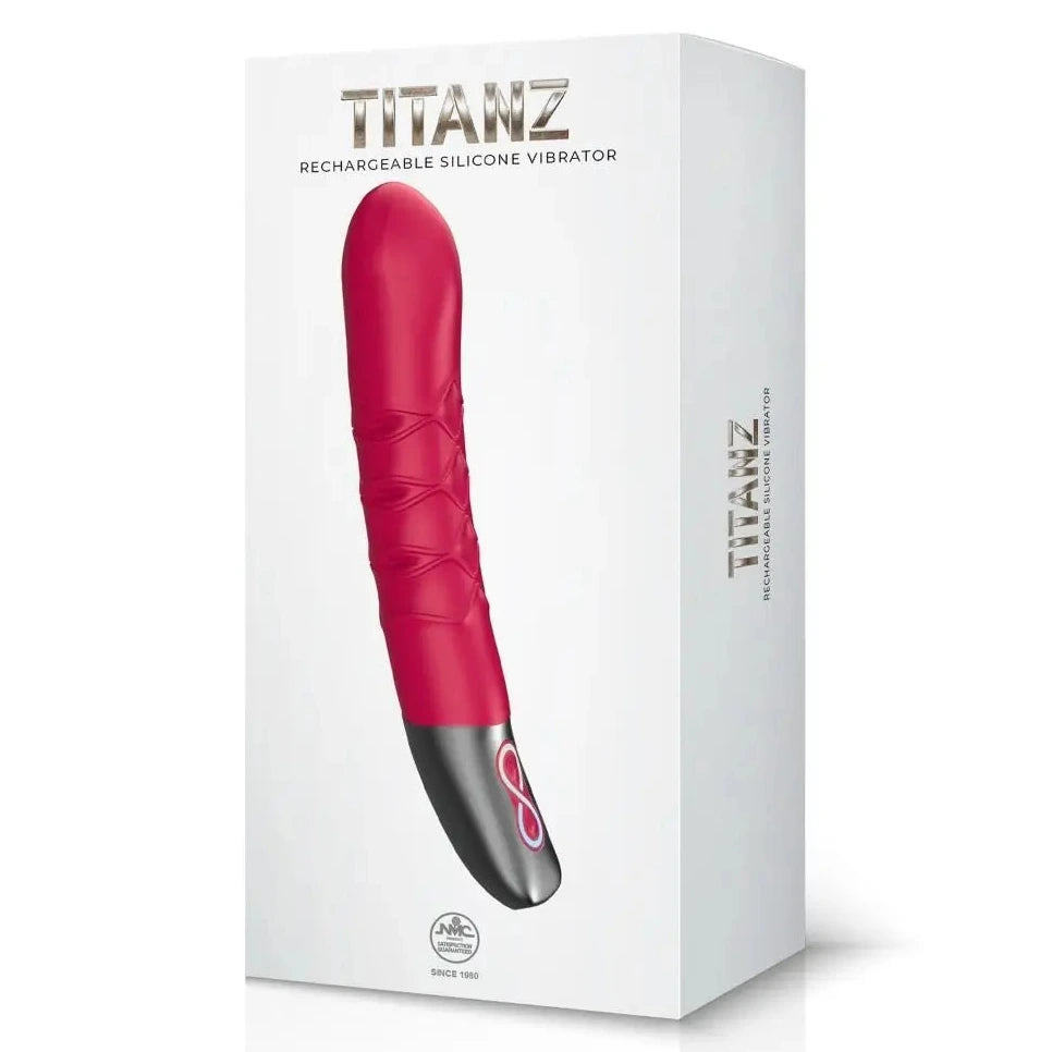 Red and black mechanical silicone vibrator packaging with Titanz branding on a white background
