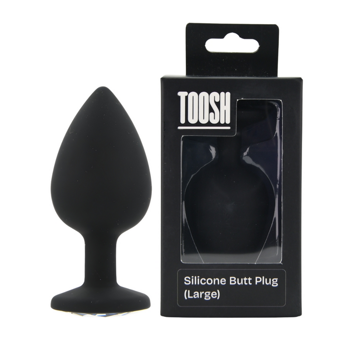 Black silicone butt plug with packaging labeled 'TOOSH' on a white background