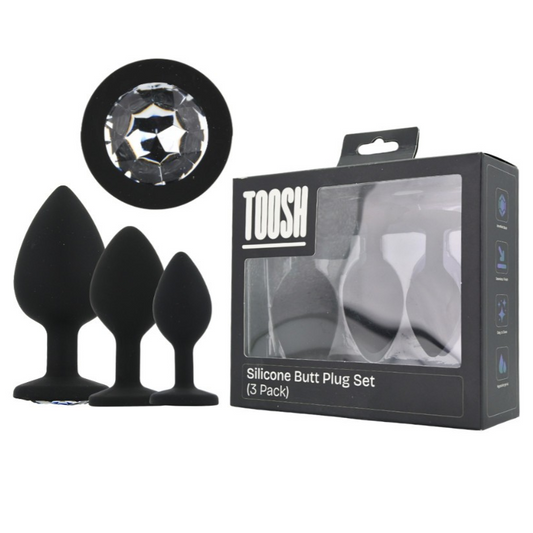 Black silicone butt plug set with packaging labeled 'TOOSH' on a white background