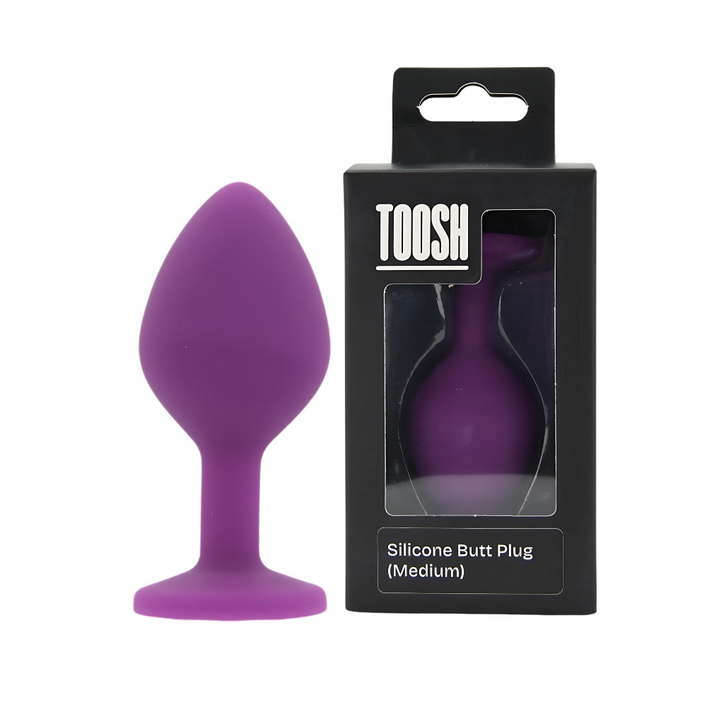 Purple silicone butt plug with packaging labeled 'TOOSH' on a white background