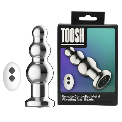 Metallic remote-controlled vibrating anal beads with packaging on a white background