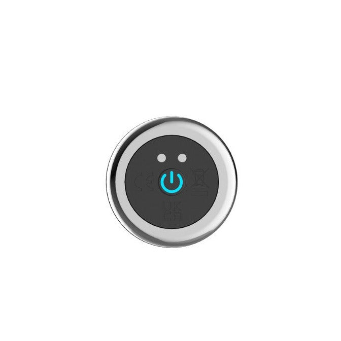 Round power button with a blue light on a white background