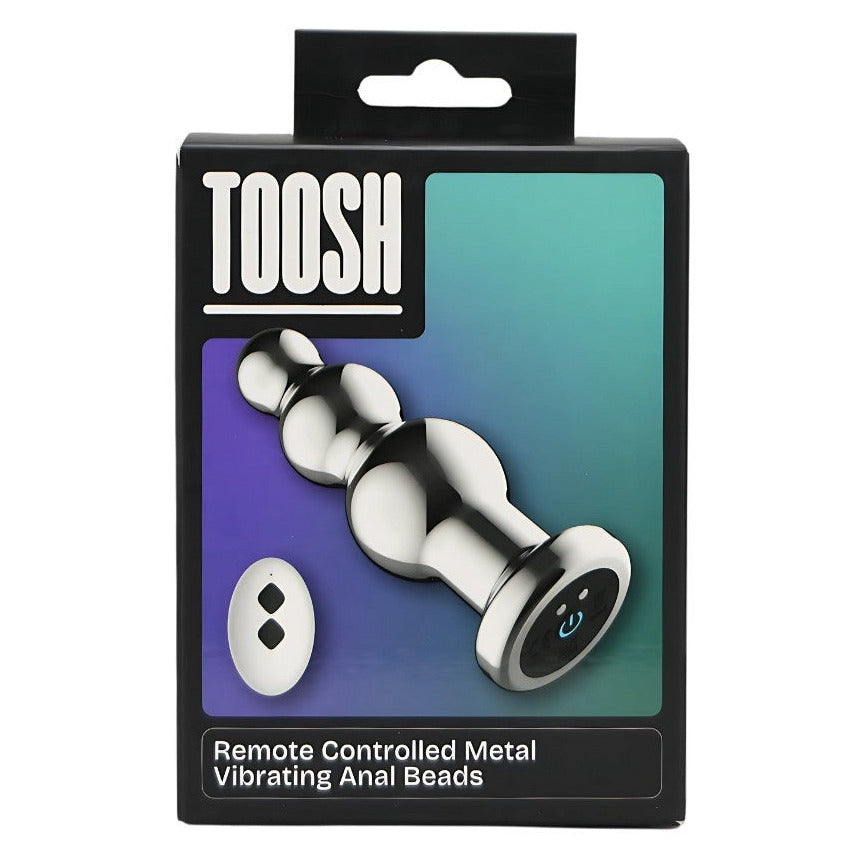 Packaged remote-controlled metal vibrating anal beads with 'TOOSH' branding on a white background.