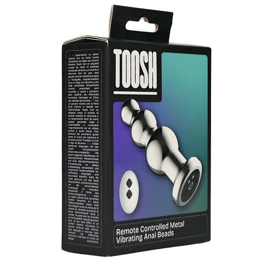 Packaging of remote-controlled metal vibrating anal beads with 'TOOSH' branding.