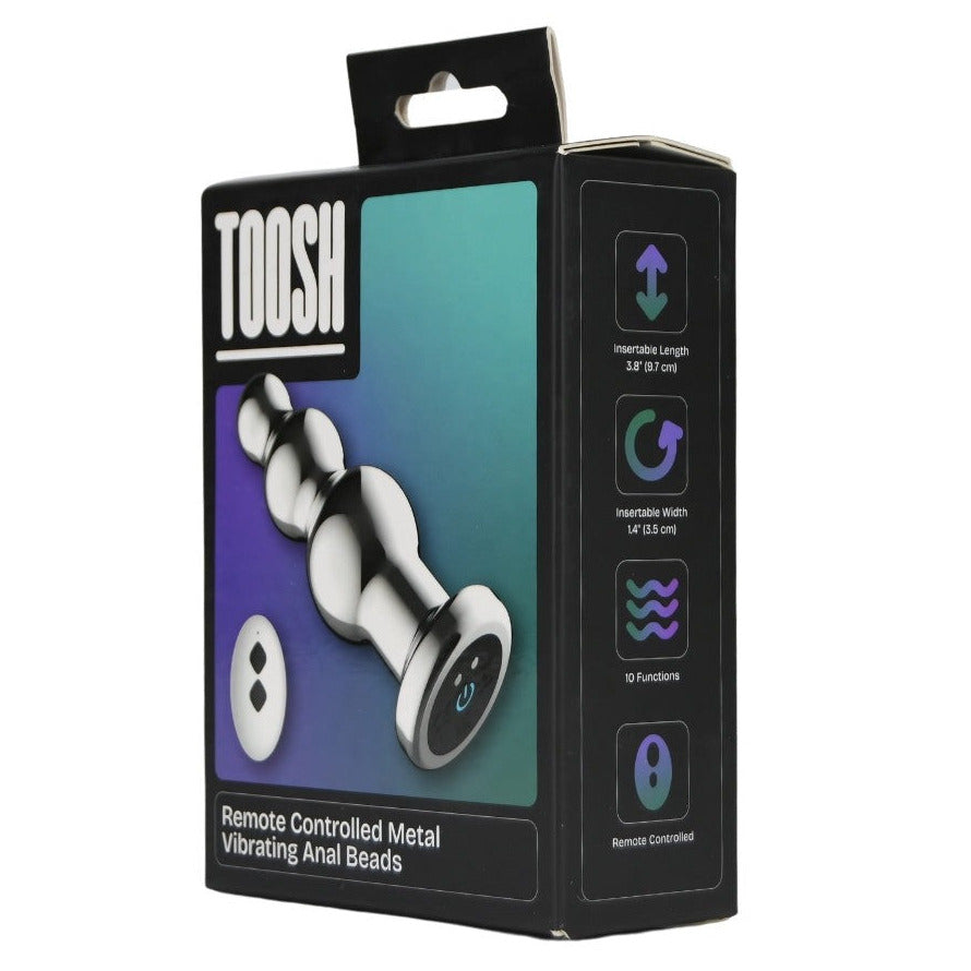 Package of TOOSH remote controlled metal vibrating anal beads on a white background