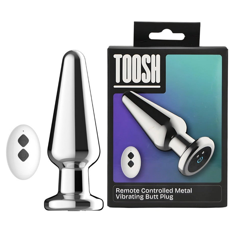 Metallic remote-controlled butt plug with packaging on a white background