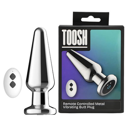 Metallic remote-controlled butt plug with packaging on a white background